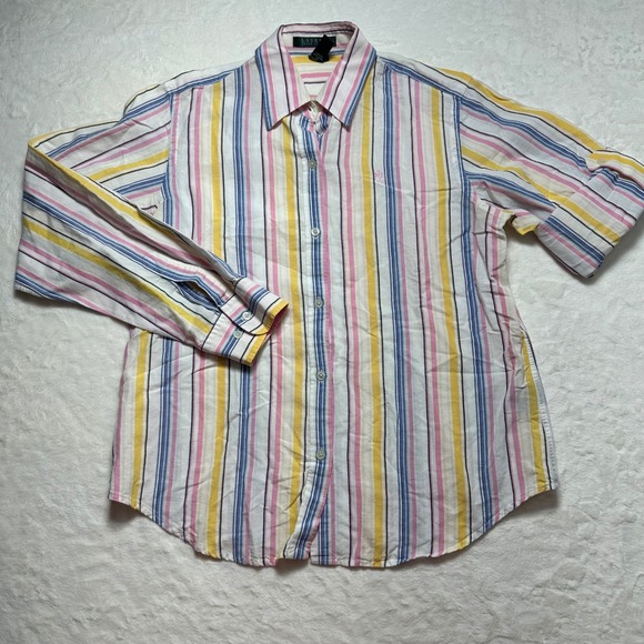Lauren Ralph Lauren Striped Button Down Roll Tab Shirt Linen Blend Pastel Size S - Picture 1 of 7